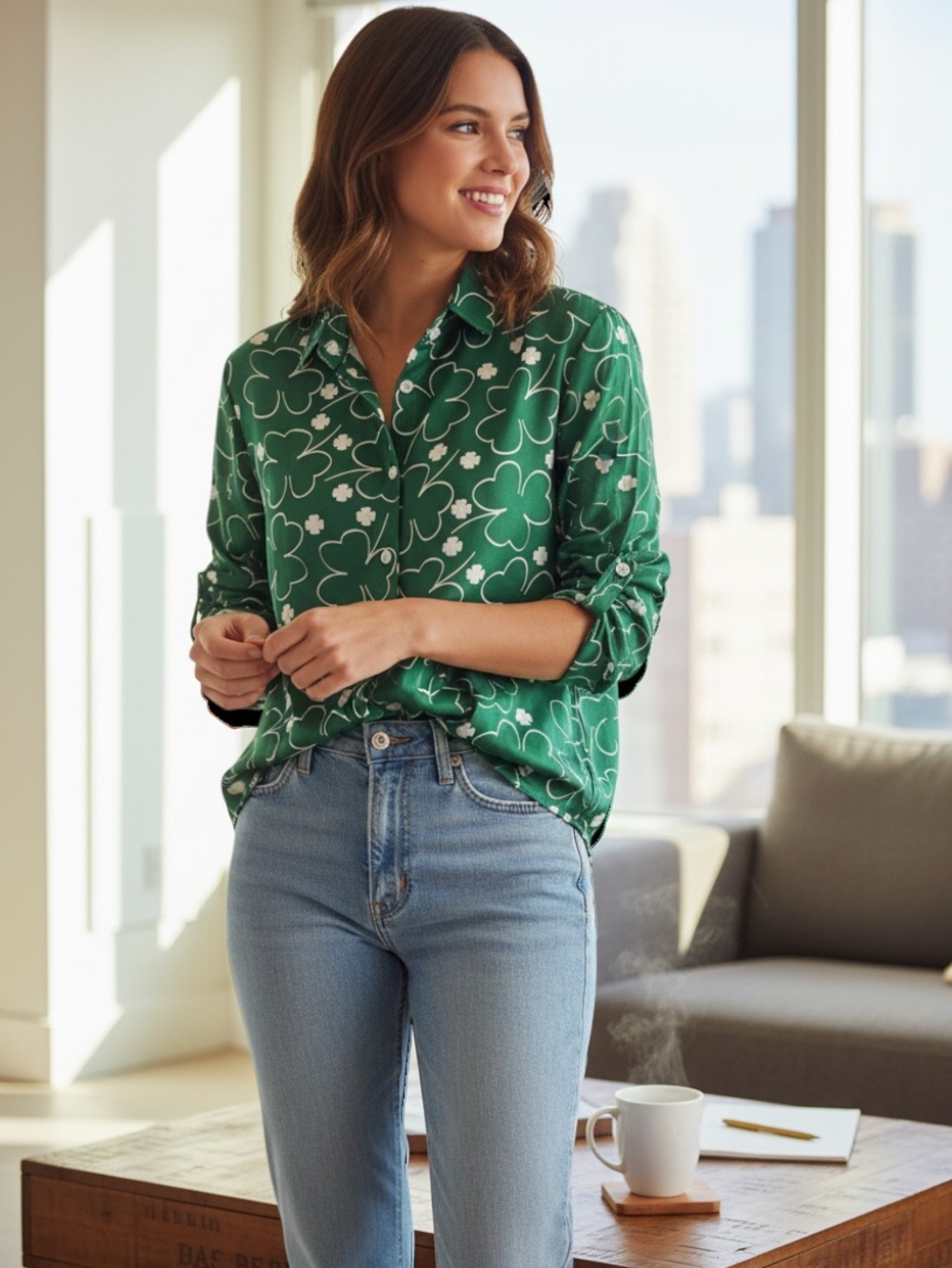 Corkifux Green Shamrock Button Front Blouse Clover Print Long Sleeve Top Size M
